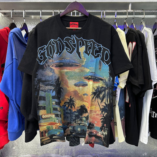 Godspeed T-shirts Urban UFO Printing Cotton Casual Short Sleeve Men and Women